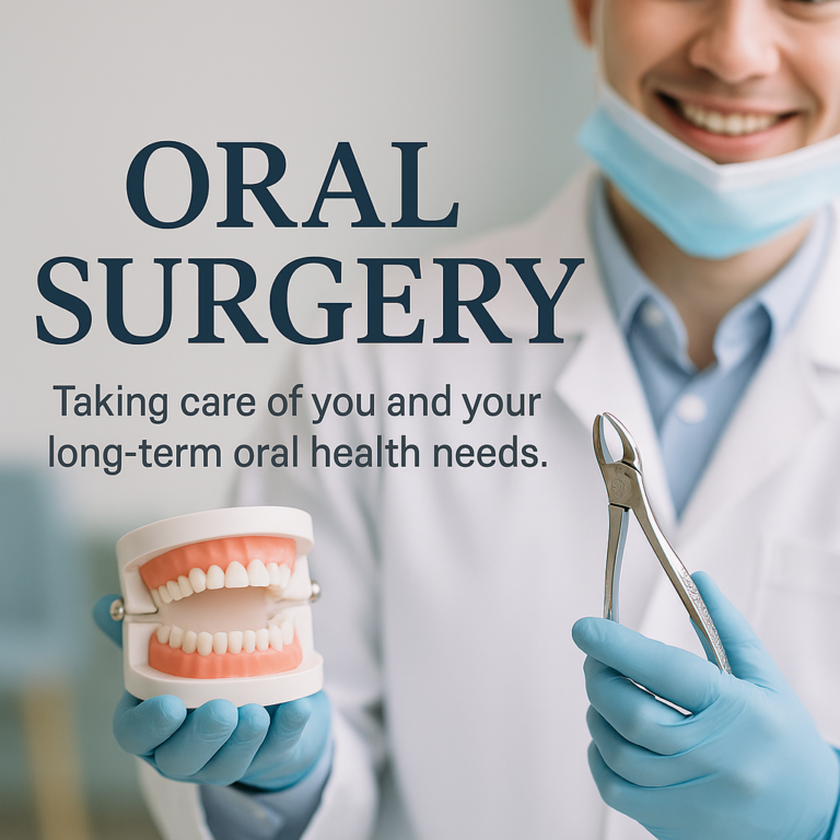 Smiling dental professional holding a teeth model and extraction forceps beside Oral Surgery text
