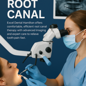 Dentist treating a patient with a dental microscope during a dental procedure