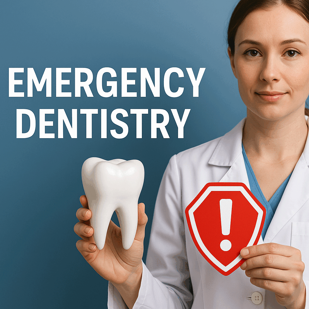 Dental professional holding a tooth model and red warning shield beside Emergency Dentistry text