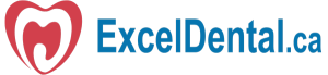 ExcelDental.ca logo with a stylized tooth icon and blue text on a black background