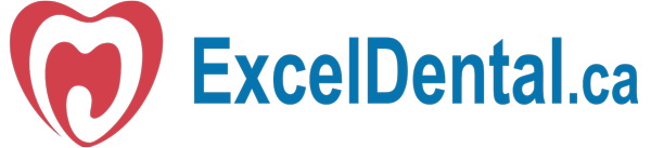 ExcelDental.ca logo with a stylized tooth icon and blue text on a black background