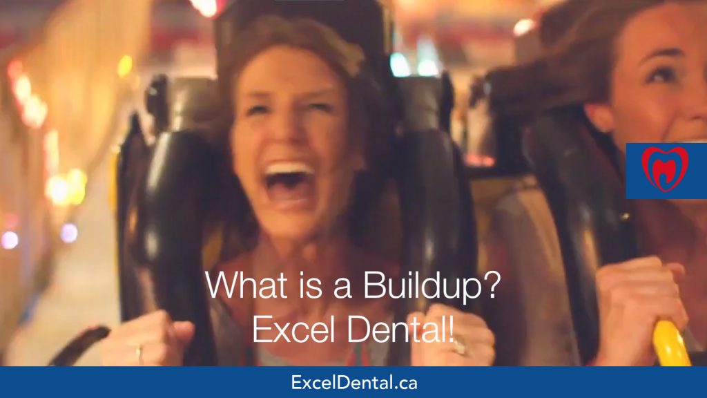 Promotional still of two women laughing on an amusement ride with overlaid text about dental buildup and Excel Dental.