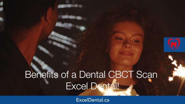 Promotional graphic with two people holding sparklers and text about the benefits of a dental CBCT scan at Excel Dental.