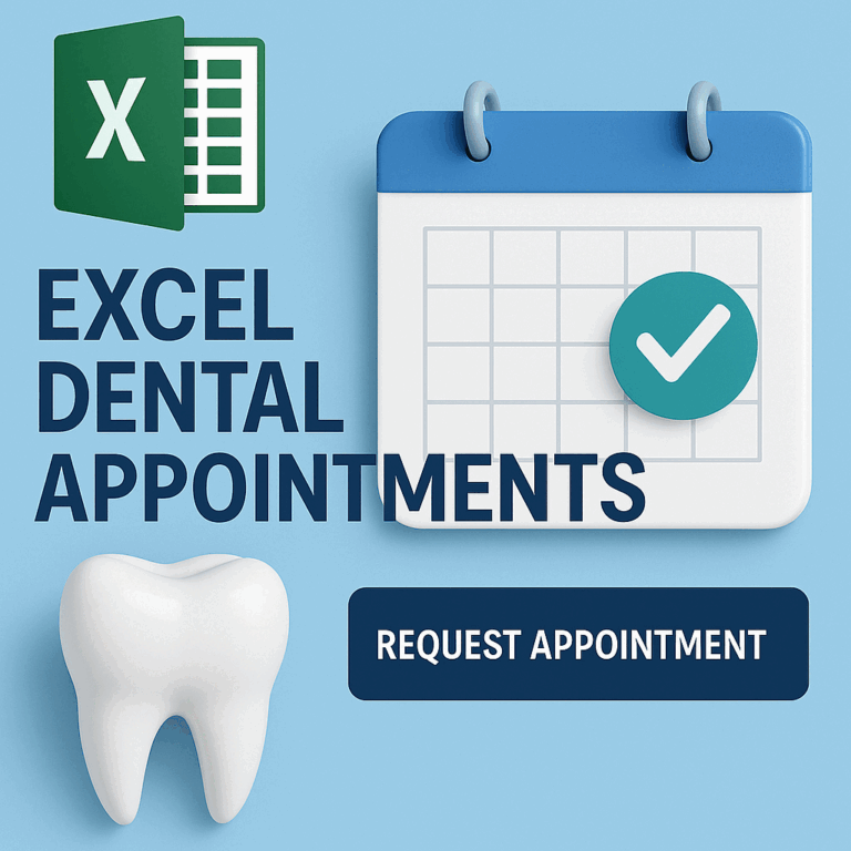 Excel Dental appointments graphic with calendar, check mark, tooth icon, and Request Appointment button