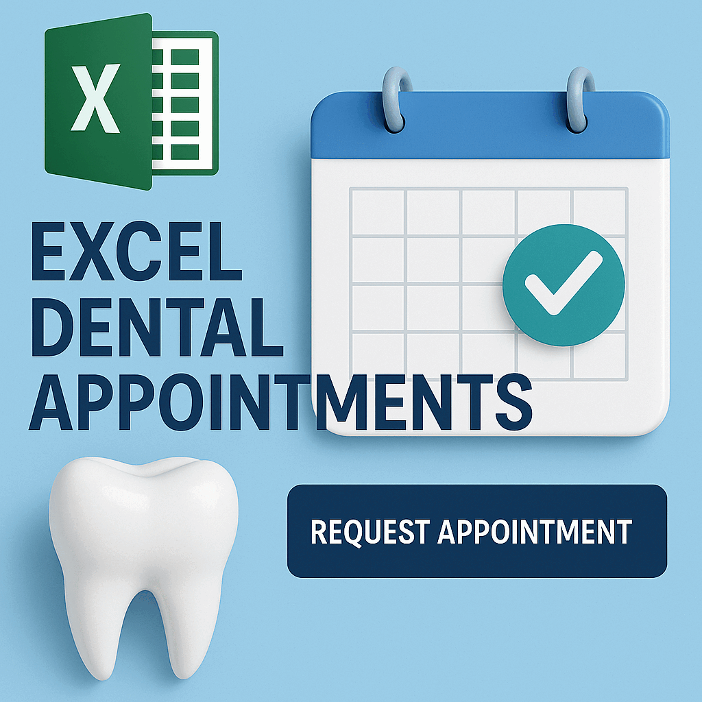 Excel Dental appointments graphic with calendar, check mark, tooth icon, and Request Appointment button