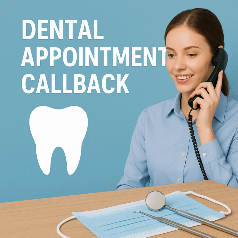 Dental appointment callback graphic with a woman on the phone and dental tools on a desk