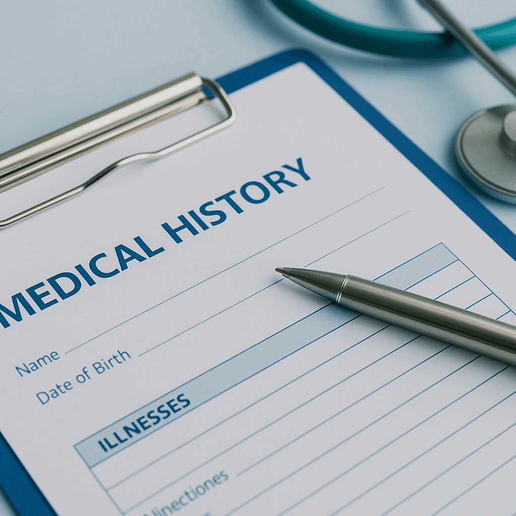 Medical history form on a clipboard with a pen and stethoscope