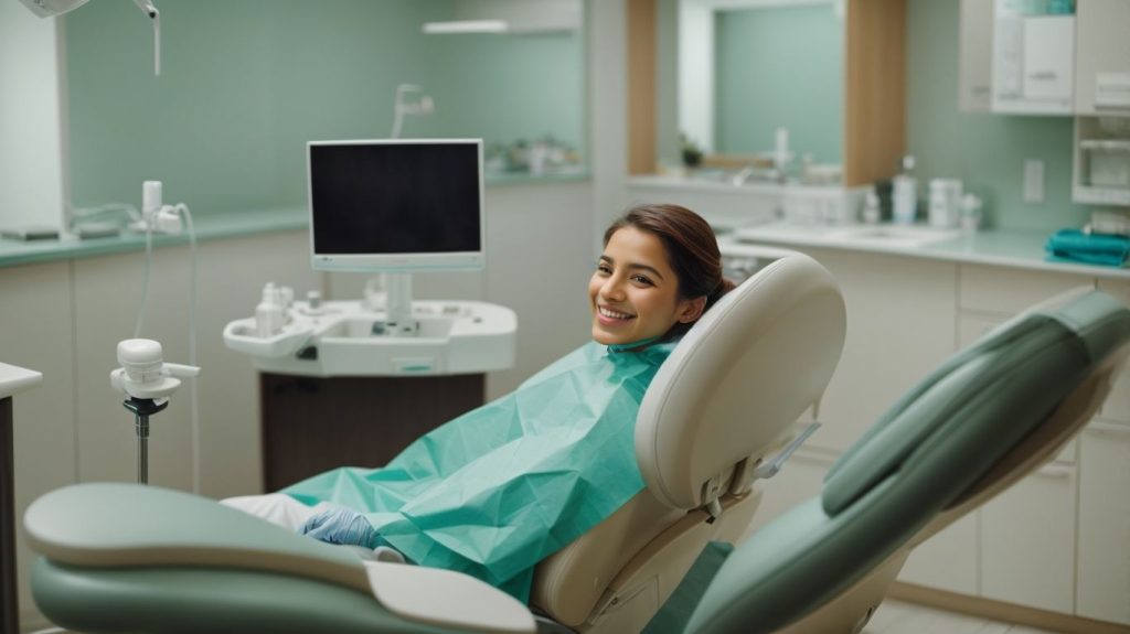 Smiling woman reclined in a dental chair in a modern treatment room