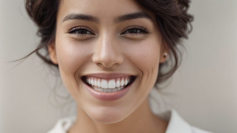 Close-up front portrait of a smiling woman showing bright, even teeth.