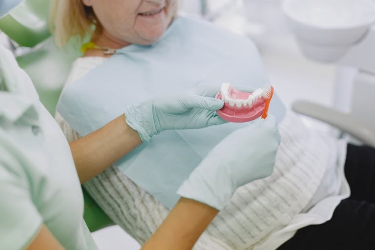 Dental professional showing a senior woman how to brush a denture model in a dental chair.