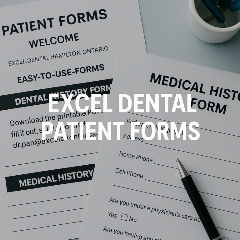 Close-up of Excel Dental patient forms, including dental and medical history pages with a pen.