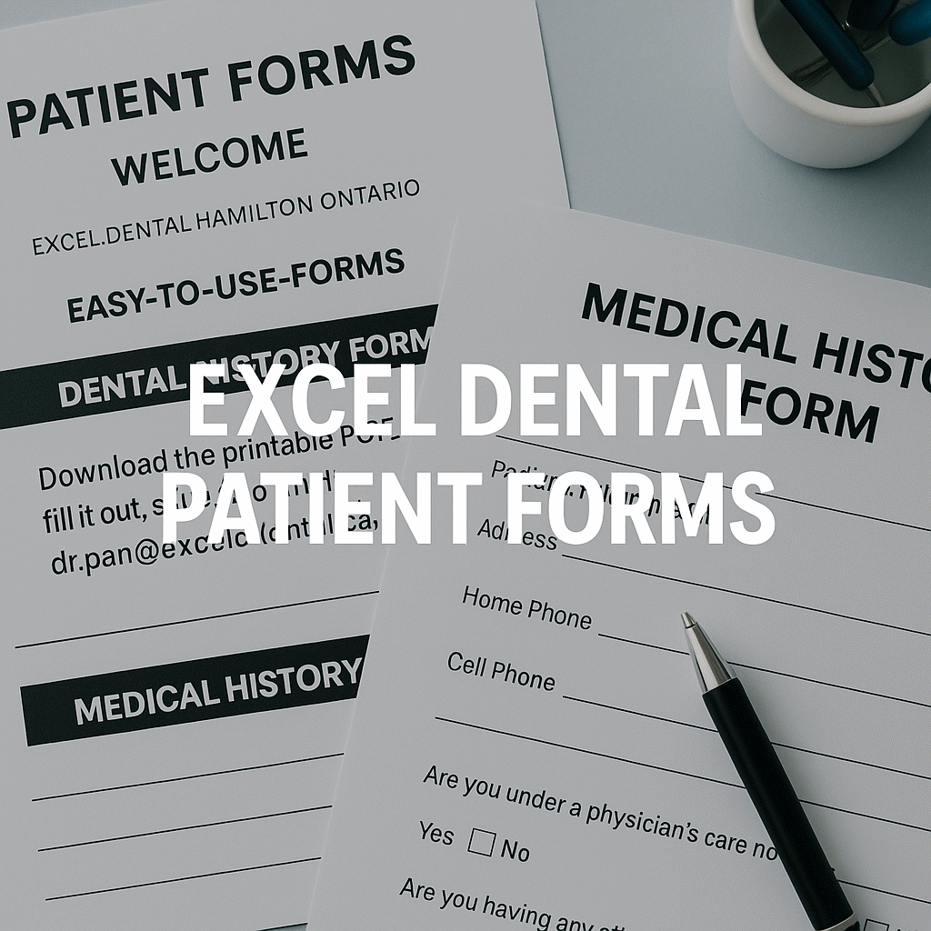 Close-up of Excel Dental patient forms, including dental and medical history pages with a pen.