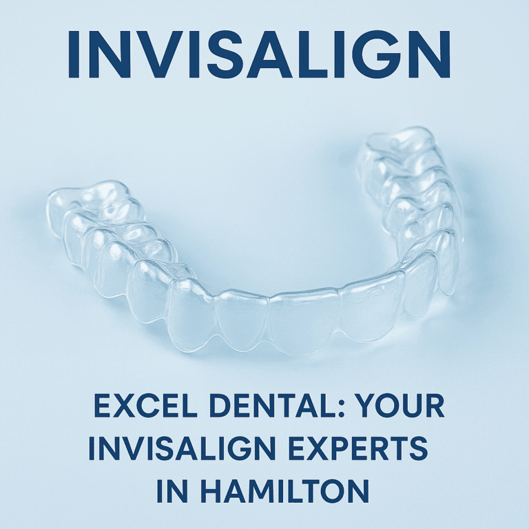 Clear aligner tray with Invisalign and Excel Dental promotional text