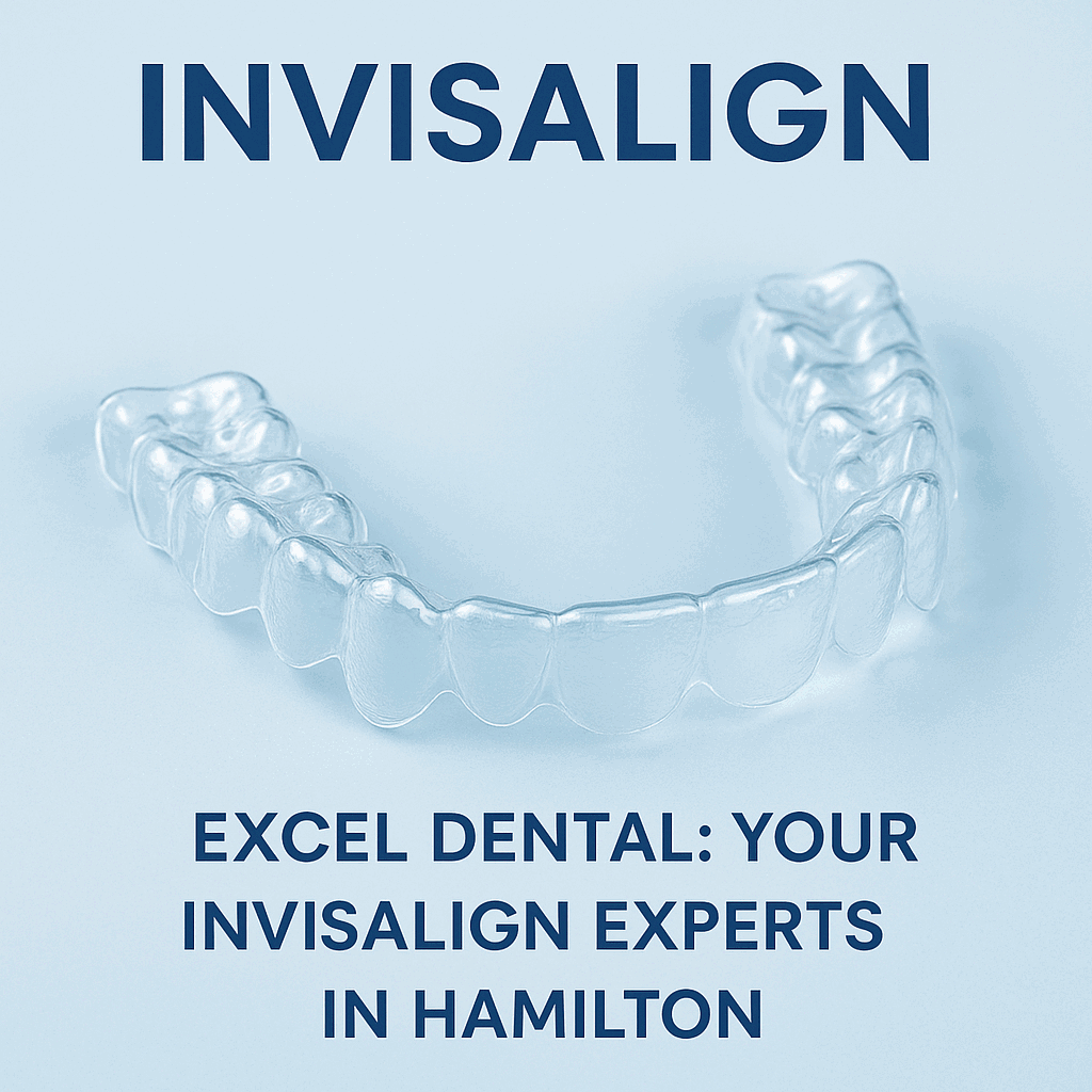 Clear aligner tray with Invisalign and Excel Dental promotional text