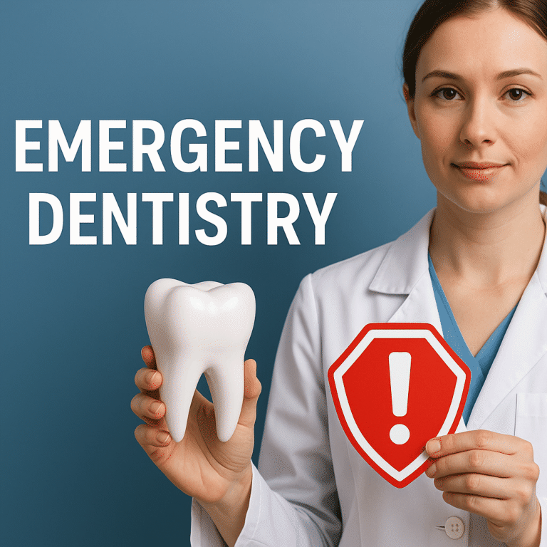 Dental professional holding a tooth model and red warning shield beside Emergency Dentistry text